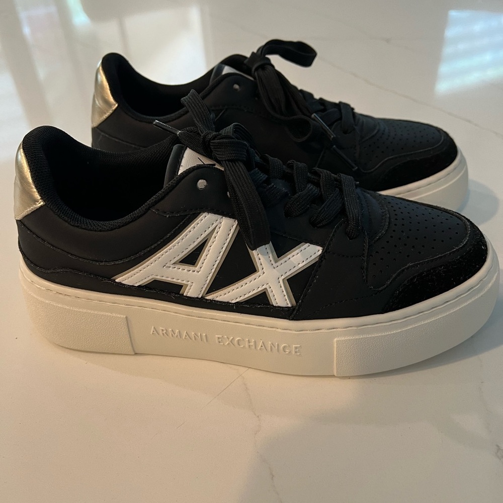 Armani Exchange Black and White Sneakers with Silver Detail
